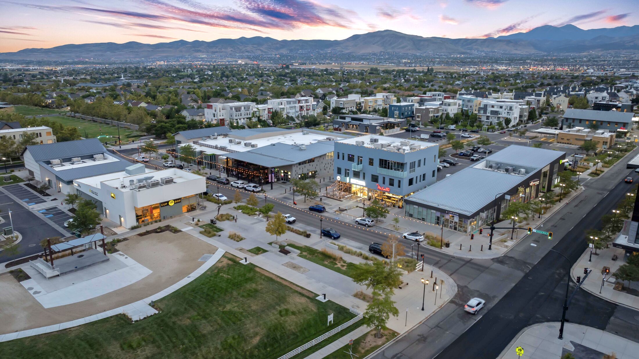 Aerial view of SoDa Row and Downtown Daybreak in South Jordan, Utah at dusk